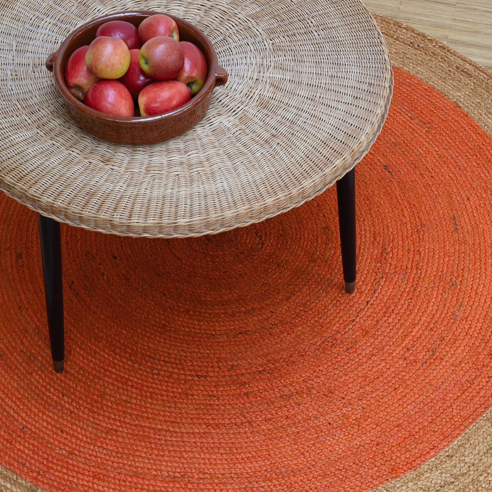 tapis-rond-orange-a-contour-beige-en-jute-tisse-a-la-main
