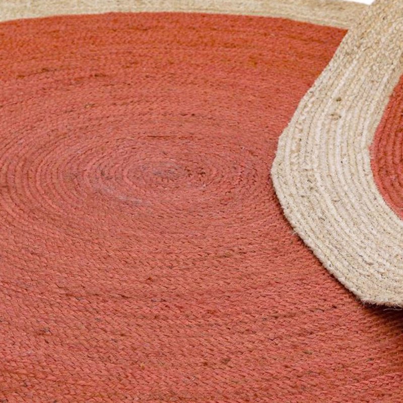 Tapis rond rouge à contour beige en jute tissé à la main