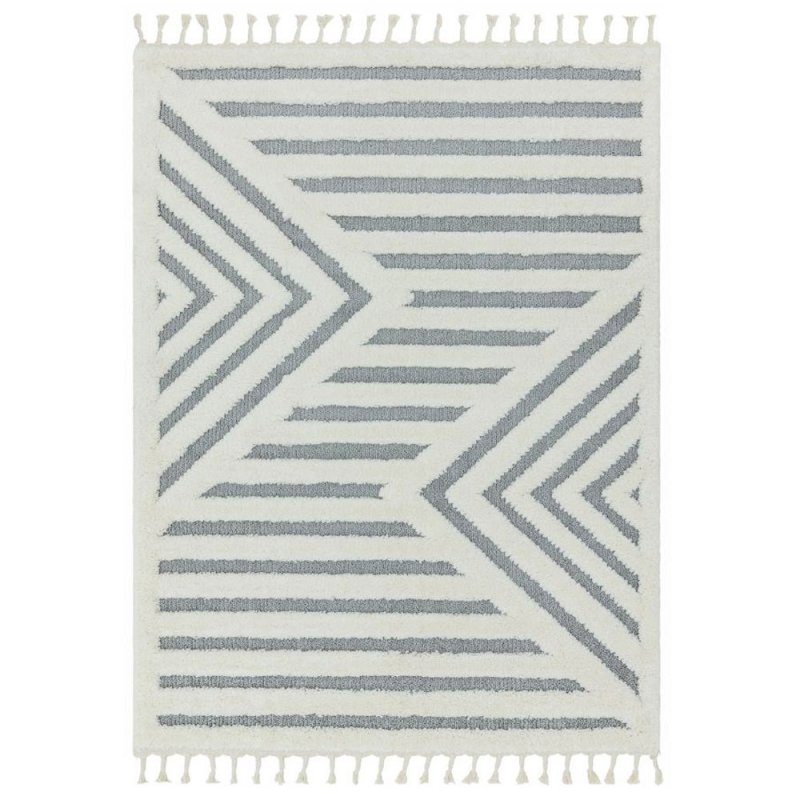 Tapis beige à motifs géométriques gris finition frangée par Joseph Lebon