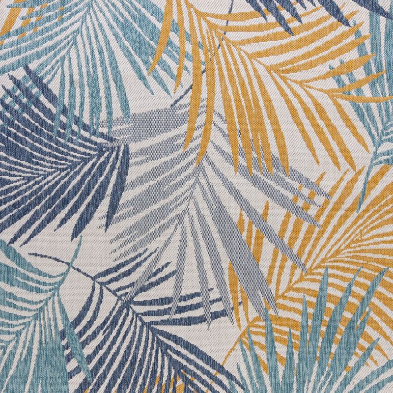 Tapis d'extérieur motif tropical ocre et bleu