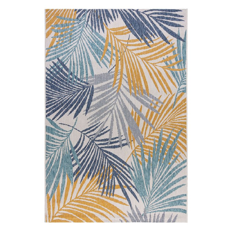 Tapis d'extérieur motif tropical ocre et bleu