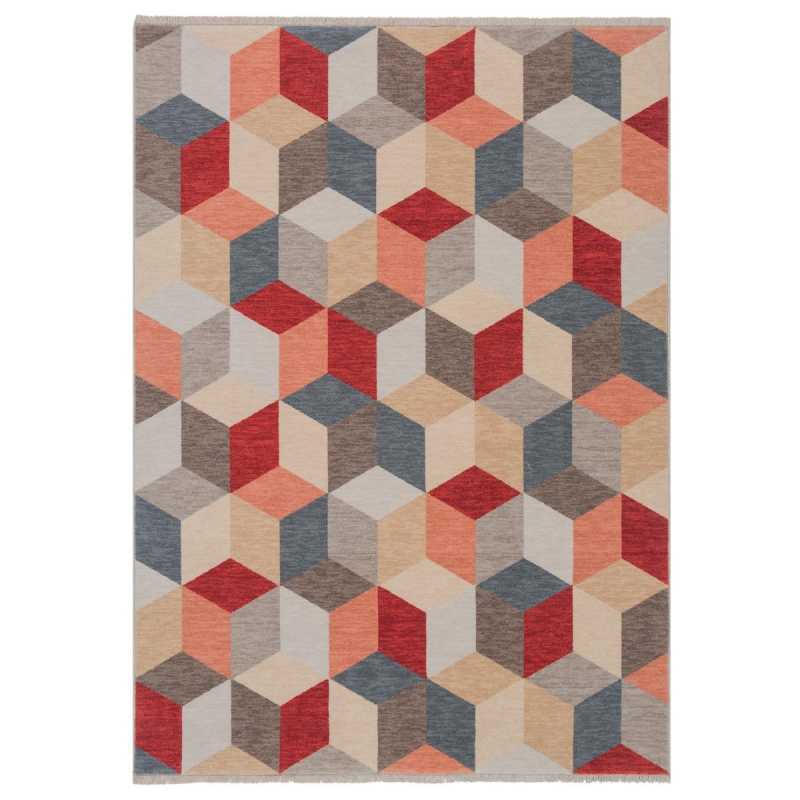 Tapis haut de gamme en laine multicolore a motifs cubiques effet 3D rappelant Vasarely par Ligne Pure