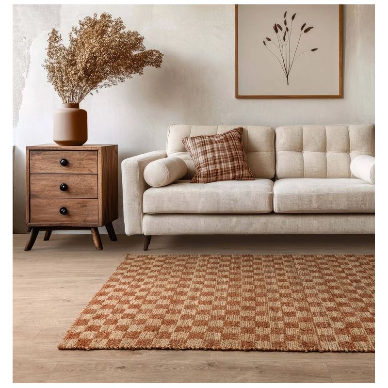 Tapis classique à petits carreaux rouille en jute et coton par Joseph Lebon