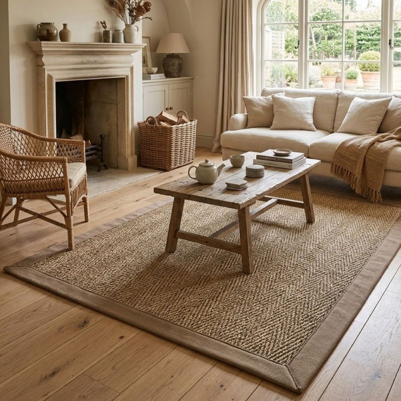 Tapis sur mesure en jonc de mer naturel finition gansée