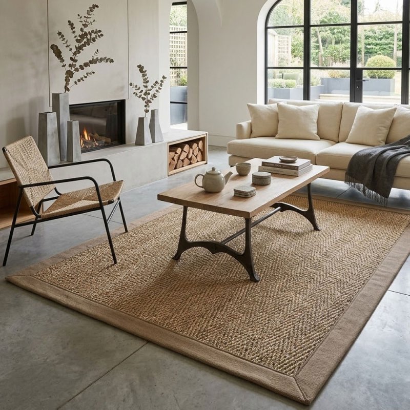 Tapis sur mesure en jonc de mer naturel finition gansée