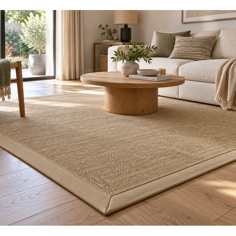Tapis sur mesure aspect sisal beige clair finition gansée