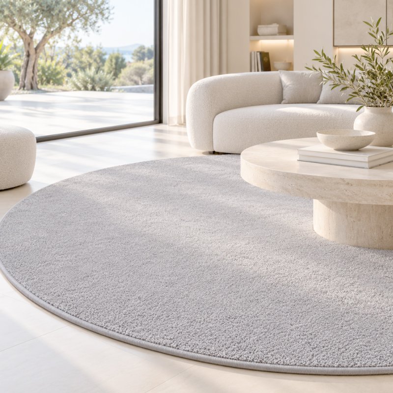 Tapis sur mesure rond en pure laine vierge gris clair