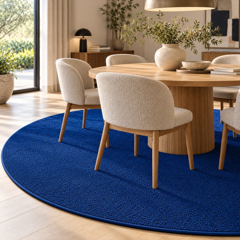 Tapis sur mesure rond en pure laine vierge bleu profond