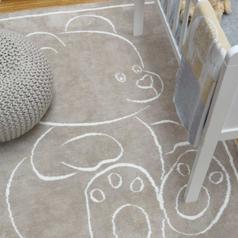 Tapis moderne en coton beige avec son motif ourson pour chambre d'enfant