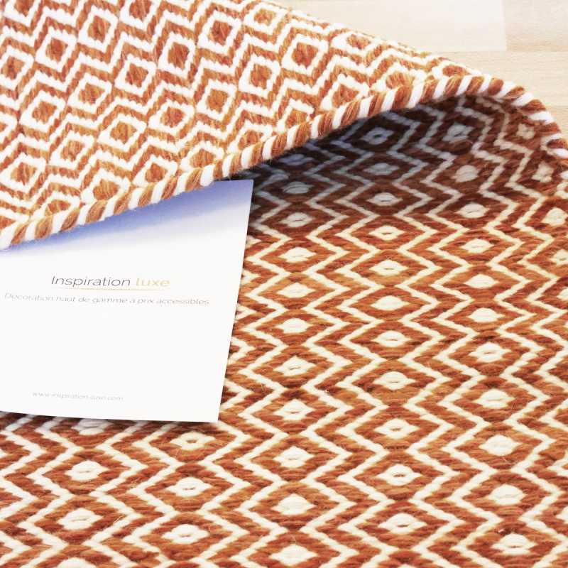 Tapis haut de gamme en laine teintée tissée à la main Orange motifs losanges Mic Mac par Angelo