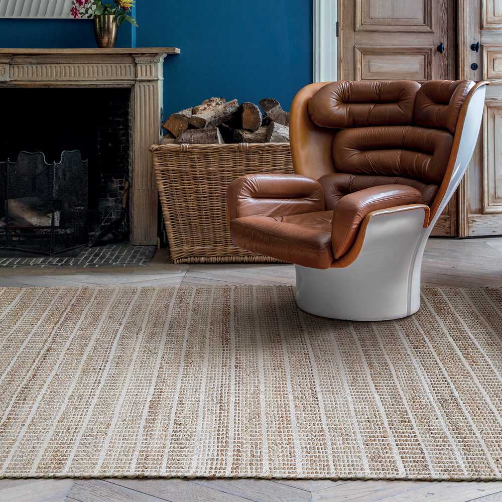 Tapis haut de gamme beige en jute et coton fait main par Ligne Pure