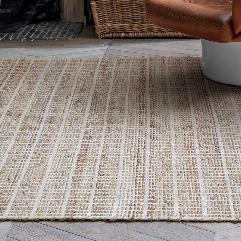 Tapis haut de gamme beige en jute et coton fait main par Ligne Pure